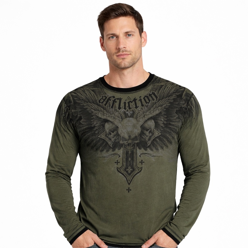 Affliction Reversible Long Sleeve T-Shirt XL Green Black Cross Wings Y2K